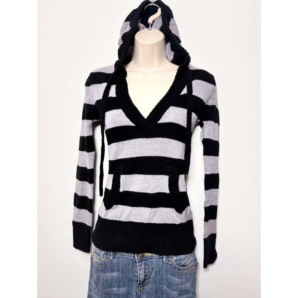 Red Paint Black and Grey Striped Fitted Knit Hoodie Size XS-S